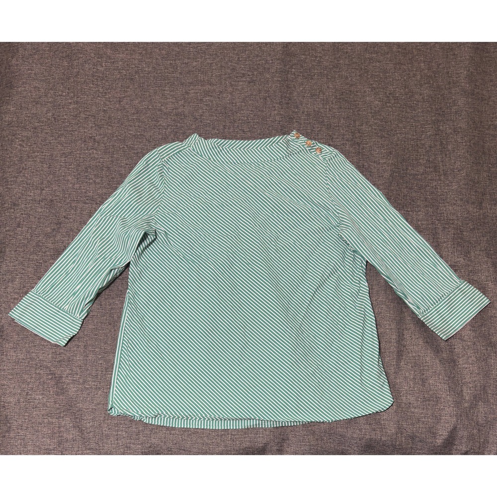 Chico's Women's 3 (16/18) Blouse Green White‎ Striped Button Shoulder 3/4 Sleeve